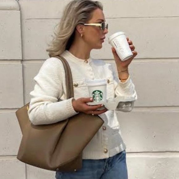 NEW Gold Button Tweed Textured Knit Sweater Cardigan Jacket - Cream Ivory - Picture 7 of 14